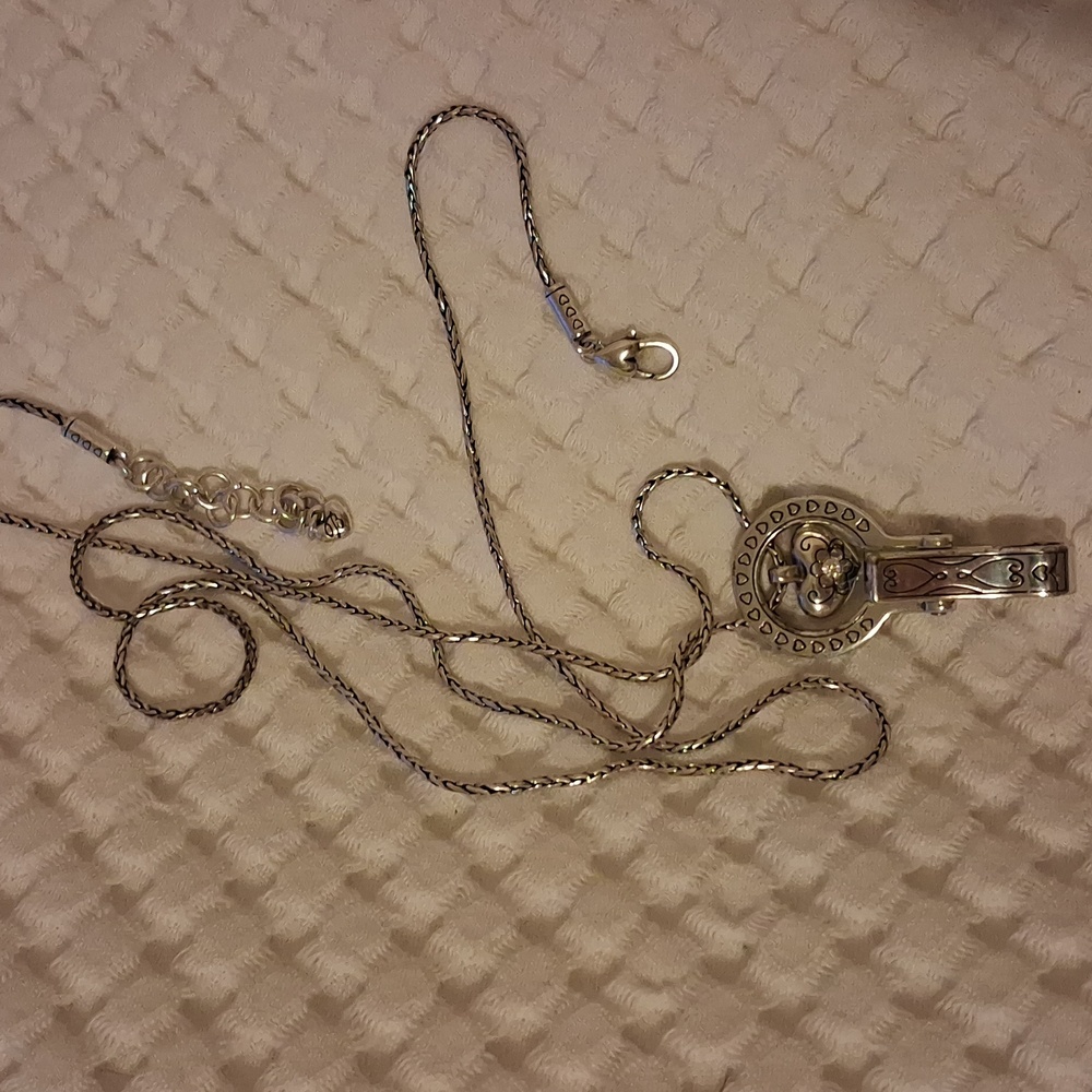 Brighton Sterling Silver Badge Clip Necklace with Heart Detail 36"